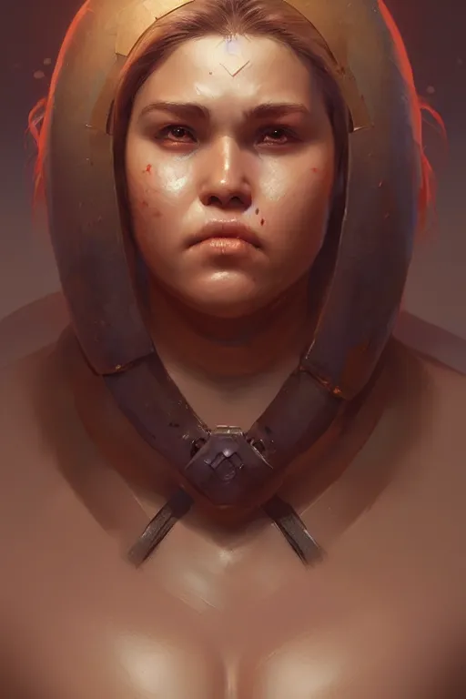 Image similar to portrait of a beautiful chonky young female warrior in the middle of a fight as drawn by eric anthony johnson ericanthonyj artstation artgerm greg rutkowski and magali villeneuve 8 k subsurface scattering, soft light