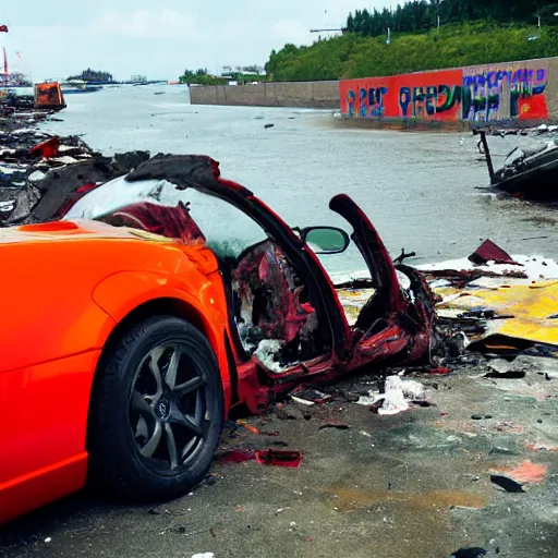 Prompt: professional high quality wide - angle image of a colorful sports car from the year 2 0 7 7 that is badly damaged and crashed halfway into the water at a stevedoring port. ( 2 0 7 7 kodachrome panavision ). the weather is sunny but with a small rain cloud. imax 7 0 mm, wide - angle.