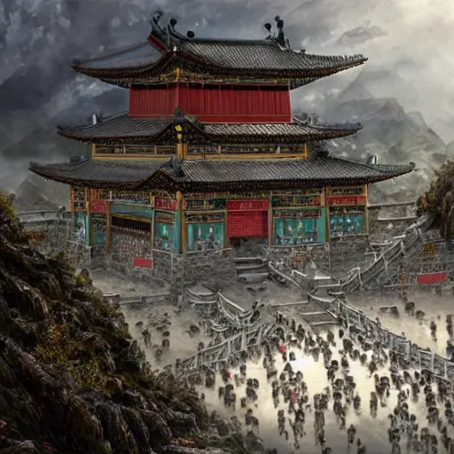 Image similar to dynamic composition, motion, ultra-detailed, incredibly detailed, a lot of details, amazing fine details and brush strokes, colorful and grayish palette, smooth, HD semirealistic anime CG concept art digital painting, watercolor oil painting of epic castle gate, from Three Kingdoms, by a Chinese artist at ArtStation, by Huang Guangjian, Fenghua Zhong, Ruan Jia, Xin Jin and Wei Chang. Realistic artwork of a Chinese videogame, gradients, gentle an harmonic grayish colors.