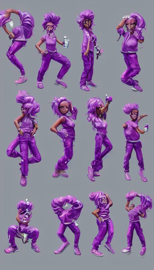 Image similar to a sprite sheet of a graffiti wirter holding a spray can and purple hair, 3D character, sweat drops, insane, intricate, highly detailed, oil painting, smooth, sharp focus, Unreal Engine 5, 8K