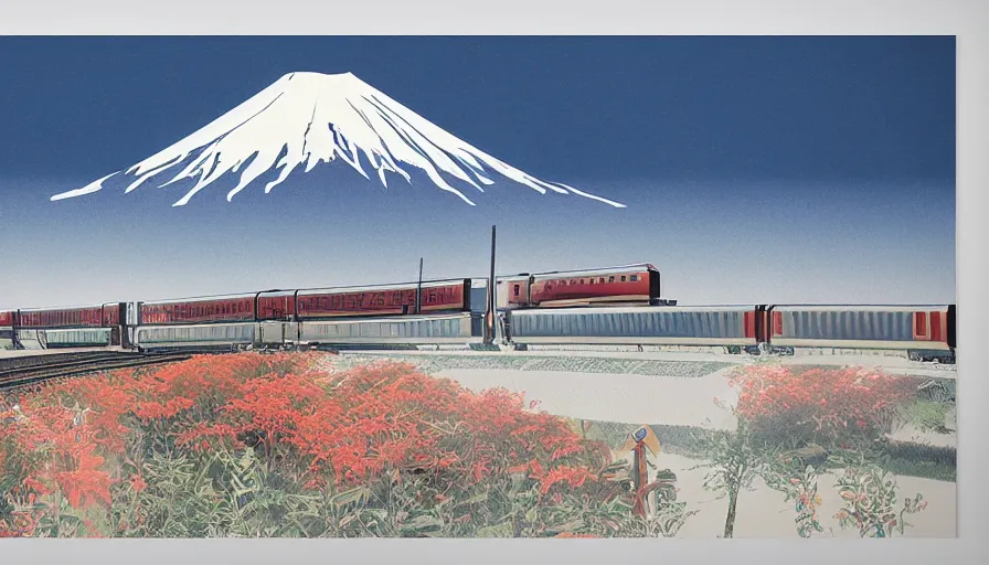 Prompt: award winning graphic design poster, cutouts constructing an contemporary art depicting mount fuji, rural splendor, and bullet train, isolated on white, mixed media painting by jules julien