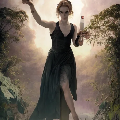 Image similar to a highly detailed matte painting of emma watson as an unbelievably powerful vampire witch, drinking wine, floating in the air doing blood magic, viewed in profile from far away, crackling green lightning, ultrawide lens, art by artgerm and greg rutkowski and alphonse mucha, volumetric lighting, octane render, 4 k resolution, trending on artstation, masterpiece