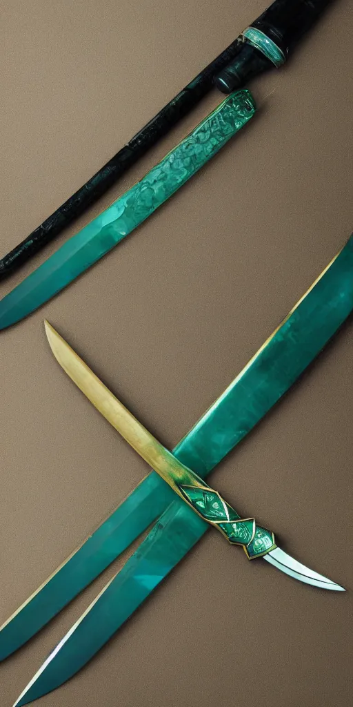 Image similar to photograph of a wide green and teal crystal double - edged sword blade attached to a big gold sword hilt