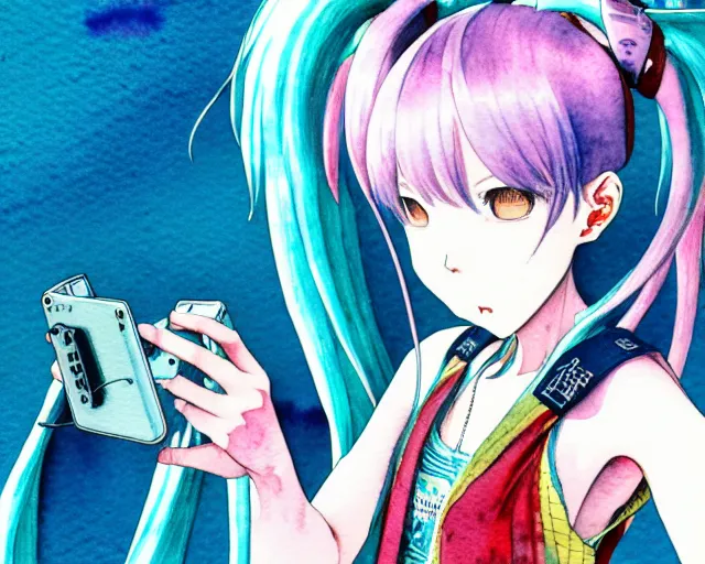 Image similar to a high detail watercolor of Hatsune Miku taking a selfie by Yukito Kishiro and katsuhiro otomo, illustration, hyper-detailed, colorful, complex, intricate, masterpiece, epic