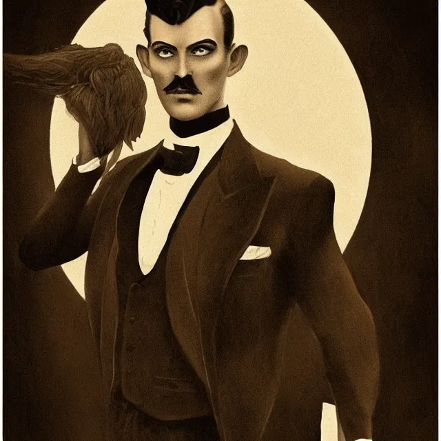 Image similar to photorealistic sepia full - head portrait of a 1 9 2 0 s era smirking male occultist, well dressed, long - tailed tuxedo coat, atmospheric lighting, dark, brooding, gothic, horror, painted, intricate, ultra detailed, well composed, best on artstation, cgsociety, epic, stunning, gorgeous, intricate detail, much wow, masterpiece