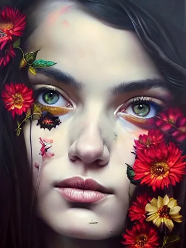 Image similar to portrait of lyndsey scott with a floral background : : painted by artgerm, karol bak, artur bordalo, sandra chevrier : : portrait, character, illustration, hyperrealism, photorealism