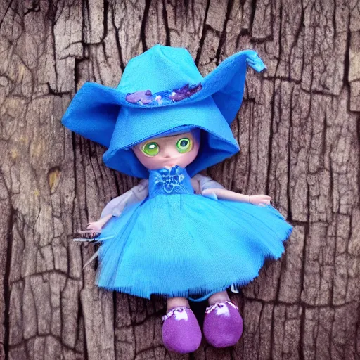 Prompt: blue'snappy gifts'logo doll in magical forest, gifts, dark atmosphere, high detail, soft lighting, 8 k