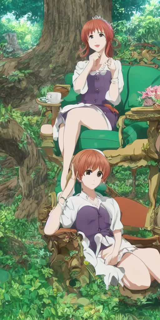 Image similar to a queen of good vibes sitting by herself on a sofa in a forest, drawn by CloverWorks,