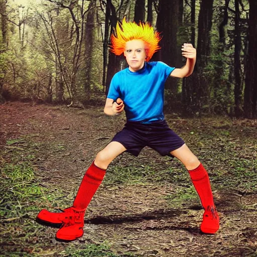 Image similar to a photo of a boy with firey hair in the woods training his powers 1 9 7 7 photo, realistic, photorealistic, detailed,