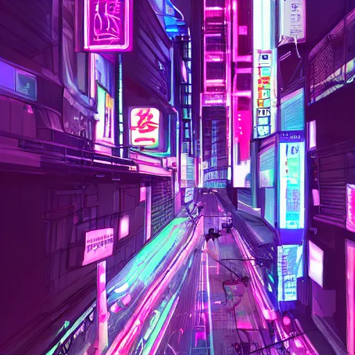 Prompt: Neon lights glisten off the streets, we dream of Neo-Tokyo tonight, digital art, trending on Artstation