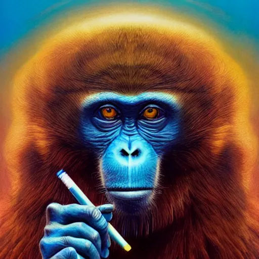 Image similar to ( monkey smoking a cigarette ) ( ( ( hyper detailed masterpiece, psychedelic fractal pattern, jean giraud, digital art painting, dream wave aesthetic, ethereal, artgerm, donato giancola, tom bagshaw ) ) )