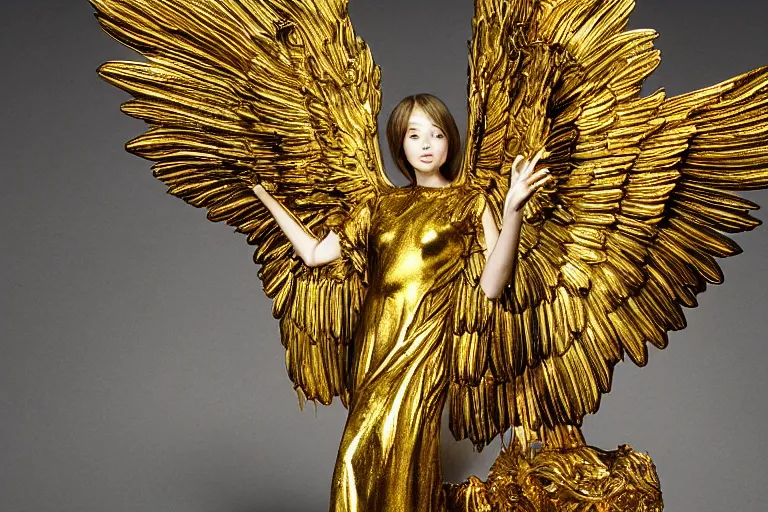 Image similar to a surreal angel with gilded wings and gold accents by Stephan Duquesnoy,