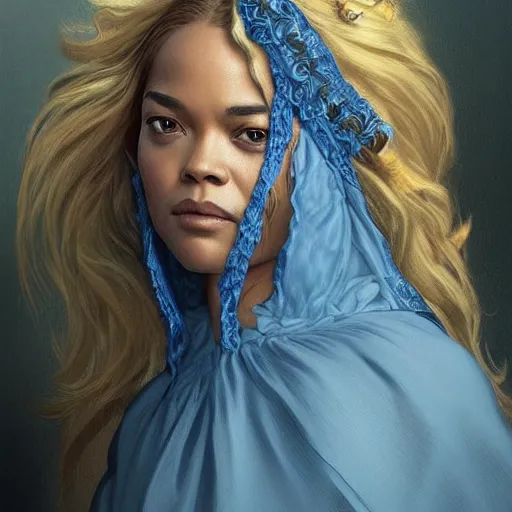 Image similar to full figure ultra realistic illustration, tessa thompson wearing a maiden blue dress, blonde flowy hair, old west, intricate, elegant, highly detailed, digital painting, artstation, concept art, smooth, sharp focus, illustration, art by artgerm and greg rutkowski and alphonse mucha