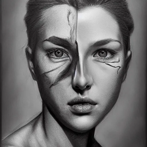 Image similar to a two people's face blending together!!!!!!, photorealistic art style, charcoal drawing by richard mortensen, matte drawing, hyper realism, zbrush, mannerism