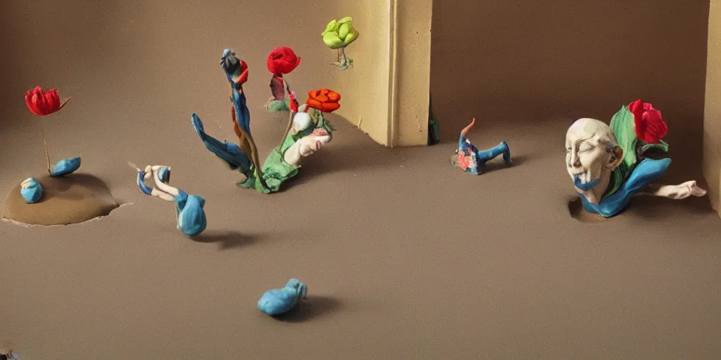 Prompt: plasticine sculpture stop motion. salvador dali clay models. gallery paintings of flowers. [ [ water on floor ] ] visitors. room with a small hole in wall. john craxton. high detail. photorealistic