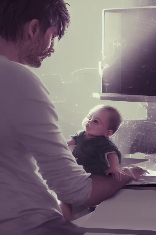 Prompt: tired man coding on a computer while holding a baby, ambient lighting, concept art, intricate, hyper detailed, smooth, dynamic volumetric lighting, octane, raytrace, cinematic, high quality, high resolution, 4 k, artstation