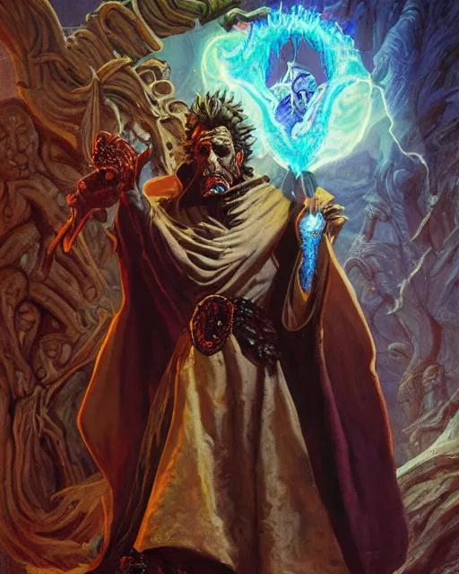 Prompt: portrait of Rick Sanchez as a powerful dungeons and dragons warlock, wearing dark robe, intricately detailed, lovecraftian, realistic, oil painting, by jeff easley, boris vallejo, cinematic lighting