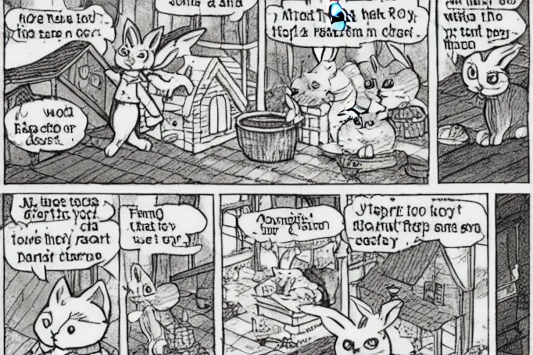 Image similar to a rabbit and a cat dressed in cottagecore living in a cottage, the rabbit has a vegetable garden and the cat is fixing the roof, comic book art style, pictures in sequence, storyboarding, speech bubbles