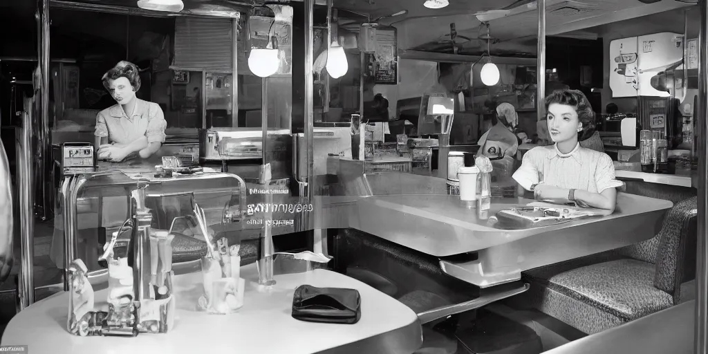 Image similar to detailed sharp photograph in the style of popular science circa 1 9 5 5 and gregory crewdson of a 1 9 5 0 s small town night inside a diner with a teenage girl at the counter drinking a milkshake