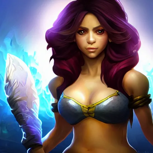 Image similar to shakira as a character in the game league of legends, with a background based on the game league of legends, detailed face