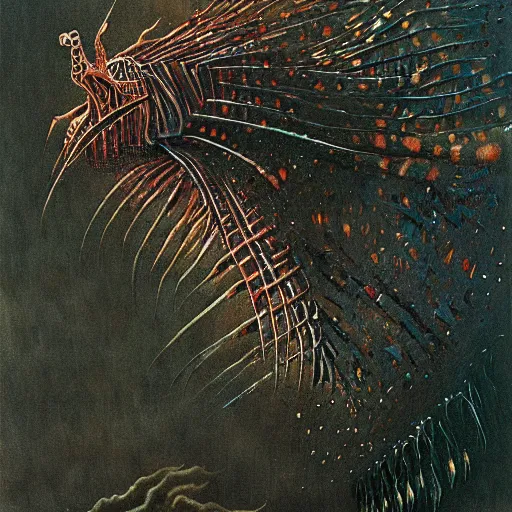 Prompt: lionfish beksinski, pov, scary nightmare, dream - like heavy atmosphere