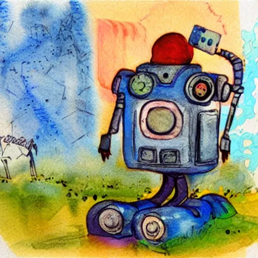 Image similar to a children's book watercolor illustration of a broken robot