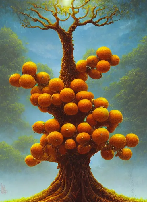 Image similar to ayahuma tree with orange fruits looking like an ent, art by christophe vacher