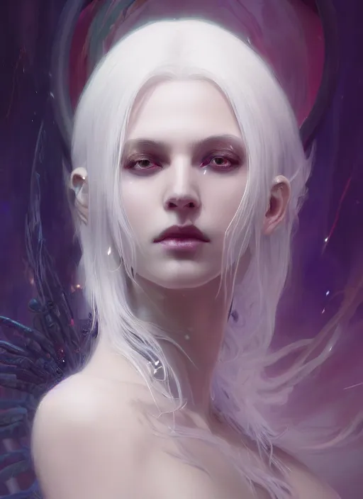 Image similar to a beautiful white haired sorceress, intricate, elegant, highly detailed, digital painting, artstation, concept art, smooth, sharp focus, cyberpunk darksynth, illuminated lines, enchanted magic, vaporware, dark smoky background, ethereal, misty, 8 k, by ruan jia and ilya kuvshinov and jeremy mann and alphonse mucha