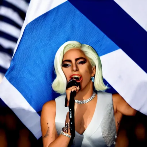 Image similar to Lady Gaga as president, Argentina presidential rally, Argentine flags behind, bokeh, giving a speech, detailed face, Argentina