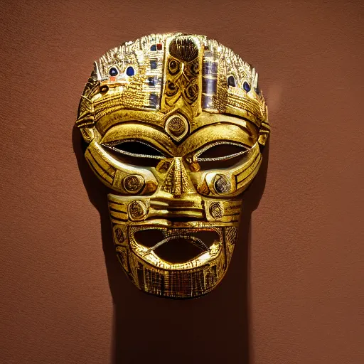 Prompt: traditional gold aztec mask with studded inlay jewels in a museum with spot lights, realistic, photography, photojournalism, national geographic photoshoot