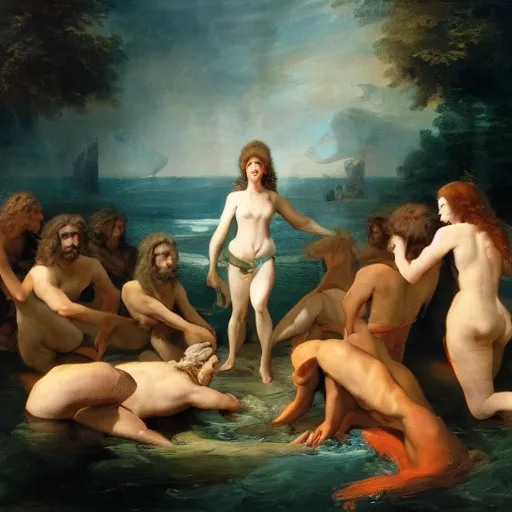 Image similar to seven trials of the prehistoric aquatic cult, in the style of David Geddes, Élisabeth Vigée Le Brun, dramatic lighting, establishing shot, detailed and clear beautiful realistic faces, 8k resolution – W 1024