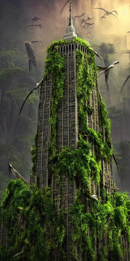 Image similar to an epic view of vines and moss growing on the empire state building, moss, jungle, with pterosaurs flying, close - up, low angle, wide angle, atmospheric, volumetric lighting, cinematic, 8 k, octane render, unreal engine, very realistic, highly detailed digital art, painted by tyler edlin