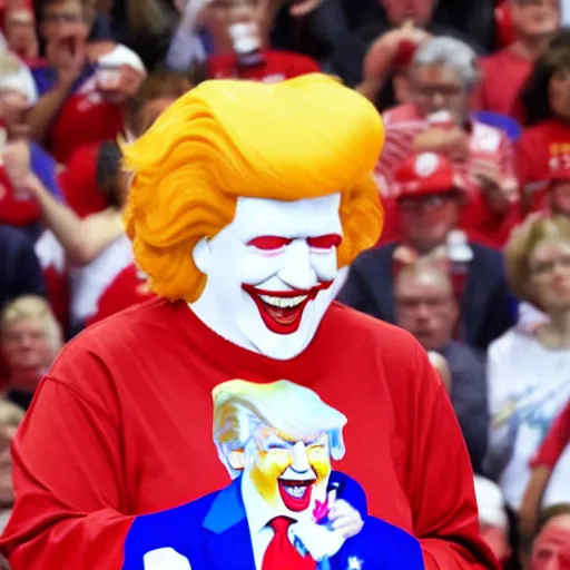 Image similar to Ronald McDonald endorses Trump at a campaign rally