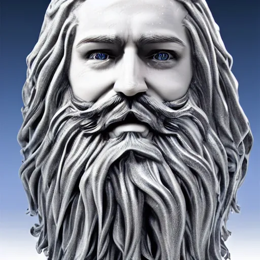 Image similar to a flawless, purely ice sculpture of a man with long hair, with trimmed beard, smiling widely. ice statue, extremely detailed, award-winning art, trending on Artstation