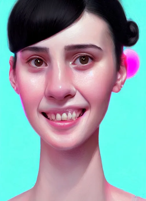 Image similar to portrait of teenage girl, realistic, black hair, bangs, half updo hairstyle, pointy nose, skinny, smile, ugly, defined jawline, big chin, pink hair bow, earrings, intricate, elegant, glowing lights, highly detailed, digital painting, artstation, sharp focus, illustration, art by wlop, mars ravelo and greg rutkowski