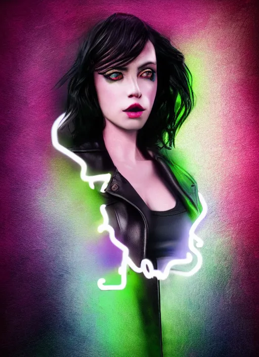 Image similar to a photo of 8 k ultra realistic a black haired female in high heels and a black leather jacket, pink, purple, green, yelow, red, blue, white neon, art by lise deharme