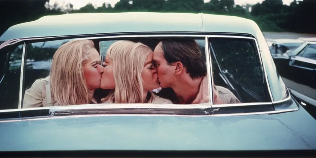 Prompt: 1 9 7 0 s car window closeup, couple kissing in the back seat, coloured film photography, elliott erwitt photography