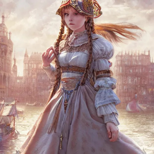 Prompt: character portrait of the white princess in the marketplace in the sky, color page, 4 k, tone mapping, doll, akihiko yoshida, james _ jean _ andrei _ riabovitchev _ marc _ simonetti, yoshitaka amano, digital illustration, braided hair, ringlet, curls