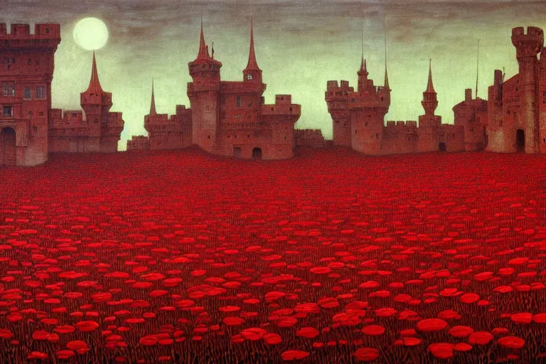 Image similar to only with red, red flowers of different types, a red tiger, a castle in the background, medieval demons dance over the flowers, an ancient path, in the style of beksinski, part by hopper, part by rodcenko, part by hofbauer, intricate composition, red by caravaggio, insanely quality, highly detailed, masterpiece, red light, artstation