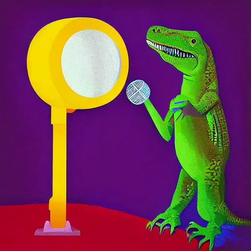 Image similar to “dinosaur singing karaoke detailed trex happy podcast national geographic figure dramatic lighting proportional symmetrical minimalism Edward Cooper Matisse digital art oil painting”