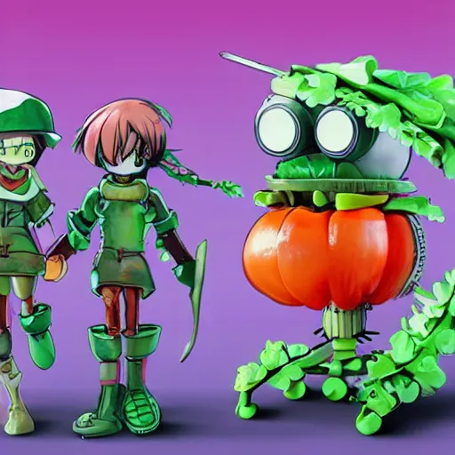 Image similar to robot made of vegetables, tomato head and a carrot sword, made in abyss style