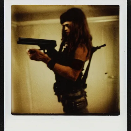 Image similar to a Polaroid photo of an among us character with a gun