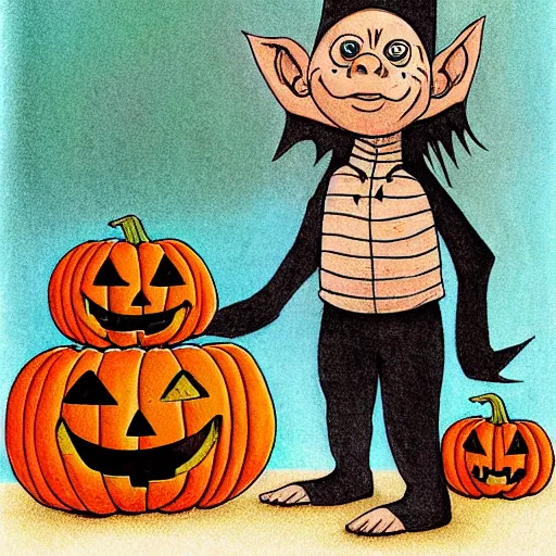 Prompt: halloween goblin illustration, childrens book, simple art by jack prelutsky