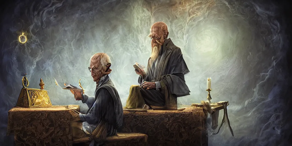 Image similar to wizened aristocrat examining the mysteries of tarot cards on a magical blackboard, background is magical blackboard with chalk,, fantasy art, matte painting, high quality, digital painting, artwork by tony sart