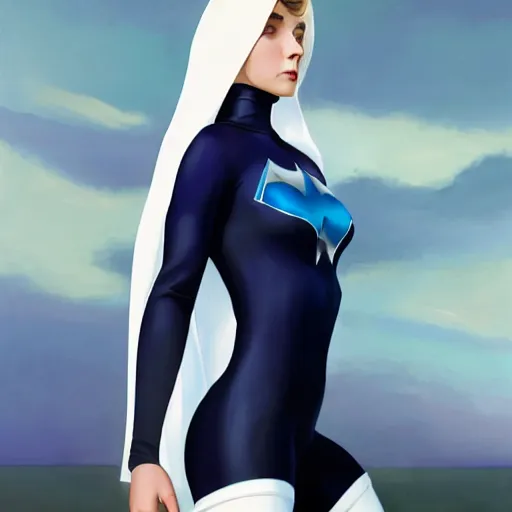 Image similar to a beautiful cartoon still portrait of a young woman superhero wearing a tight navy blue lycra suit with a white cape white cowl white shoulders, 4 k oil on linen by wlop, artgerm, andrei riabovitchev, nuri iyem, james gurney, james jean, greg rutkowski, highly detailed, soft lighting 8 k resolution