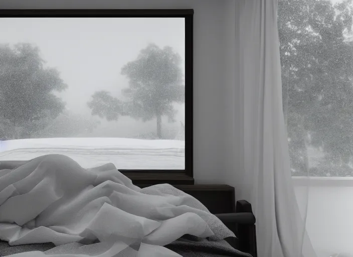 Image similar to photography of a Jack Russel watching outside the window on a bed in a 3d rendered white room, octane render, 3d, foggy, volumetric light, volumetric fog, photorealistic, unreal engine 5