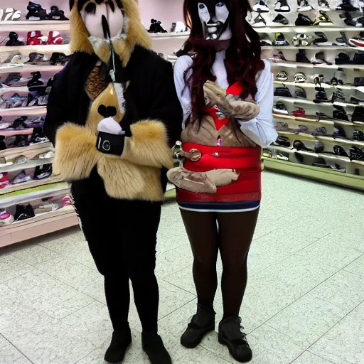 Image similar to a photograph of people badly cosplaying as animals, they have a disappointed look on their face, they are in a shoe store with long store isles, 50mm