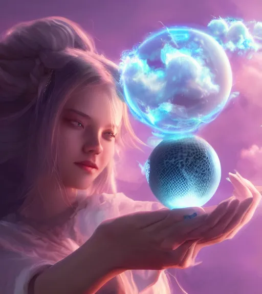 Image similar to girl holding a crystal ball of electric clouds highly detailed, trending on Artstation, Unreal Engine 4k, cinematic wallpaper by Stanley Artgerm Lau, WLOP, Rossdraws, James Jean, Andrei Riabovitchev, Marc Simonetti, and Sakimichan