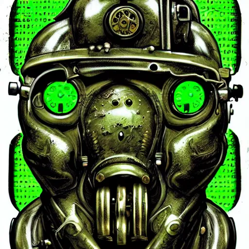 Image similar to highly detailed steampunk morbid obese undead soldier with heavy machine guns, intricate, rusty, green radioactive glow, toxic waste, digital art