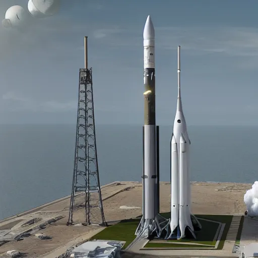 Image similar to photorealistic rendering of spacecraft launch from cape canaveral, detailed, realistic, focus